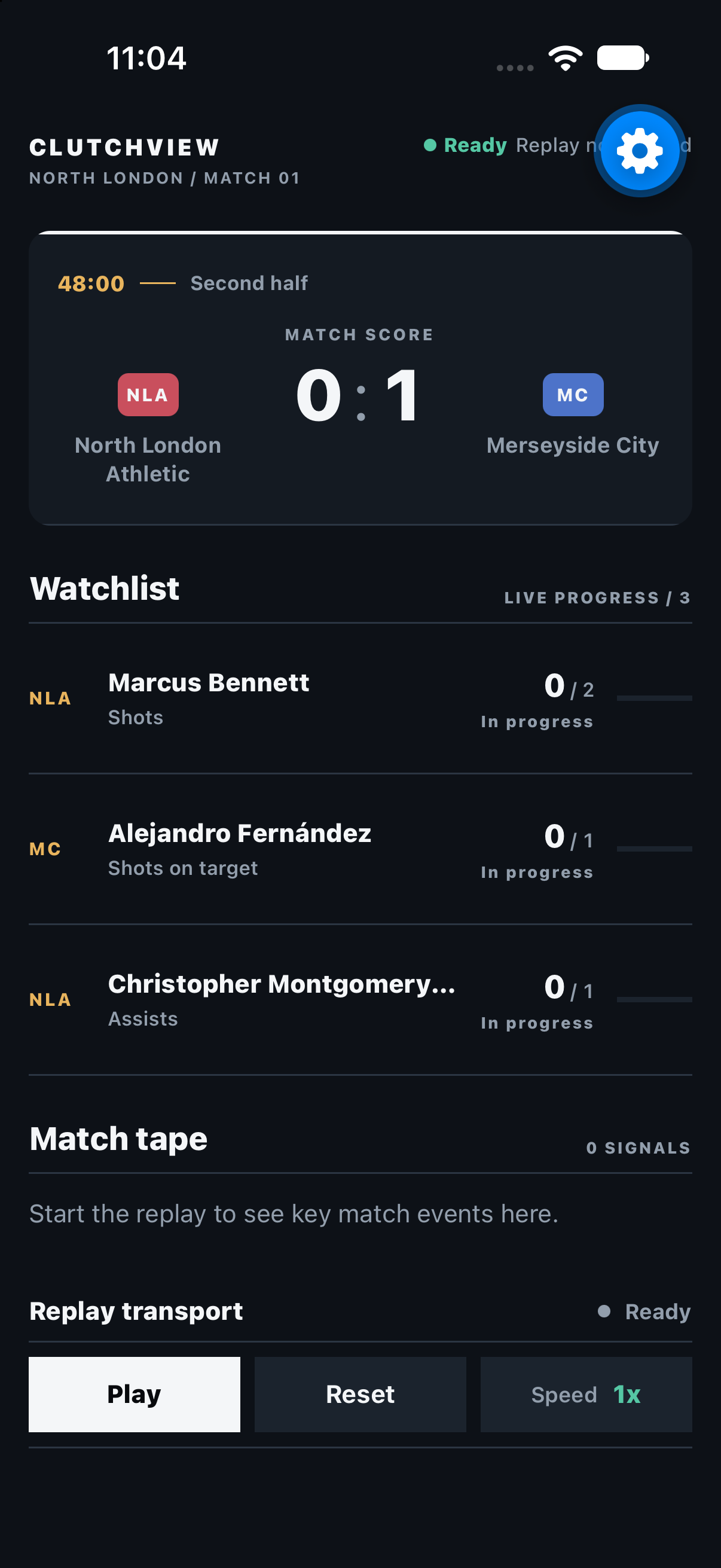 ClutchView live match screen showing a score, player watchlist, match tape, and replay controls.